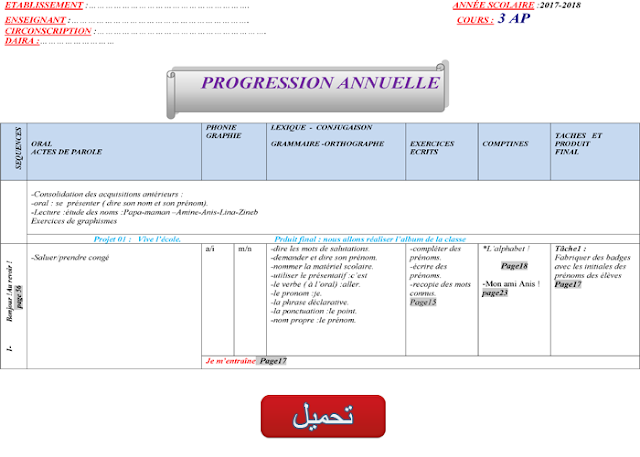 التوزيع السنوي في اللغة الفرنسية للسنة الثالثة إبتدائي الجيل الثاني | 107378