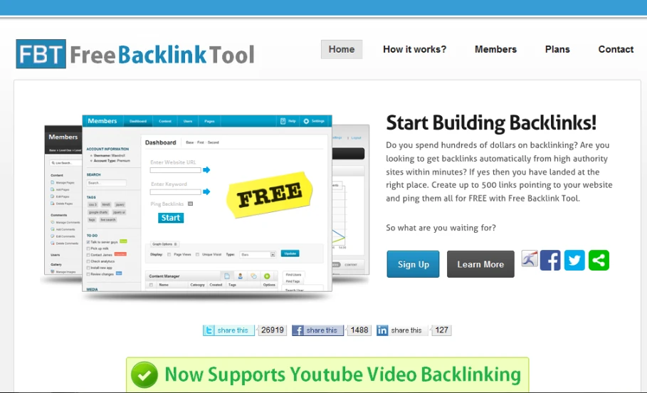 الموقع الرائع في عمل باك لينكس للفيديوهات وتسلق محركات البحث في نصف ساعة freebacklinktool | 96940